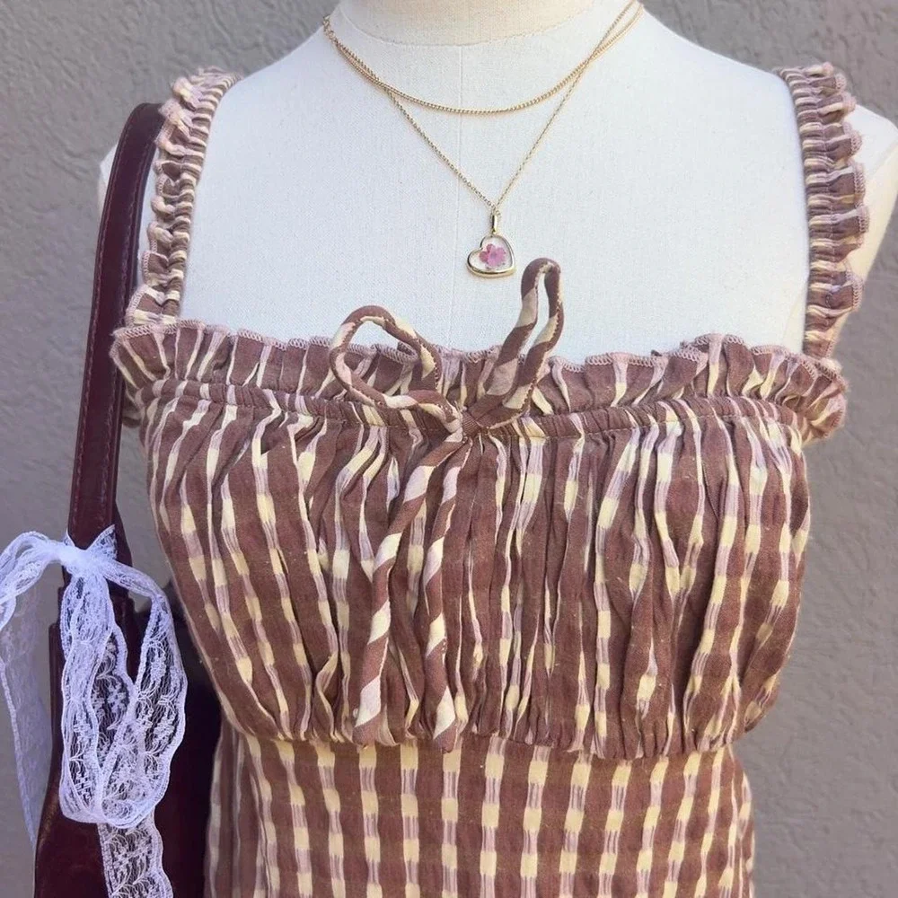 Free People Lucinda Plaid Midi Dress Size Large Lavender Combo NEW